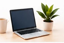 Illustration d’un bureau avec ordinateur portable et plante