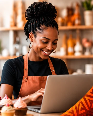 Illustration d’une pâtissière travaillant près d’un ordinateur et de cupcakes